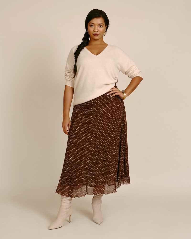 Front of a model wearing a size DK 42 Pleated Georgette Skirt in Chicory Coffee by GANNI. | dia_product_style_image_id:233219